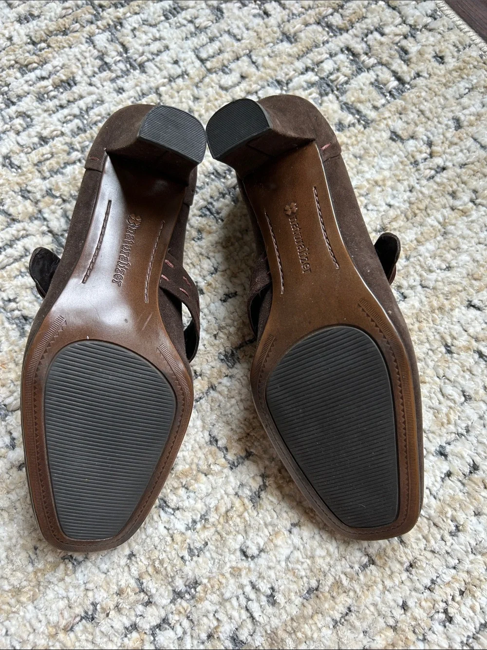 Naturalizer Brown Suede Mary Jane Heels with Red Button Accent